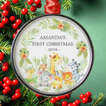 Jungle Animals Baby's First Christmas Ornament<br><div class="desc">Cute baby's first Christmas ornament the sweetest little jungle animals framed with watercolor jungle leaves.</div>