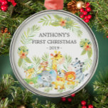 Jungle Animals Baby's First Christmas Ornament<br><div class="desc">Cute baby's first Christmas ornament the sweetest little jungle animals framed with watercolor jungle leaves.</div>