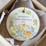 Jungle Animals Baby's Photo Christmas Ornament<br><div class="desc">Cute baby's first Christmas ornament the sweetest little jungle animals framed with watercolor jungle leaves.</div>