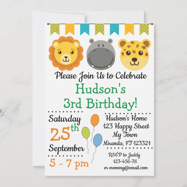 Jungle animals birthday invitations (Front)