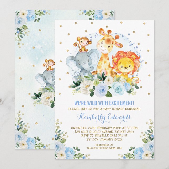 Jungle Animals Blue Gold Floral Safari Baby Shower Invitation (Front/Back)