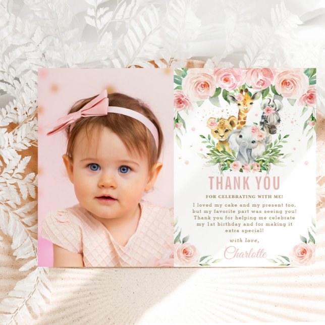 Jungle Animals Blush Floral 1st Birthday Photo  Thank You Card (Creator Uploaded)