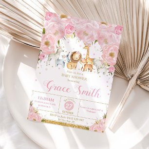 Jungle Animals Blush Pink Floral Baby Shower Invitation