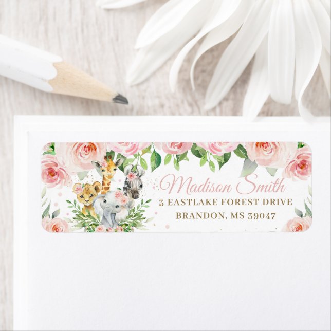 Jungle Animals Blush Pink Floral Return Address  (Insitu)
