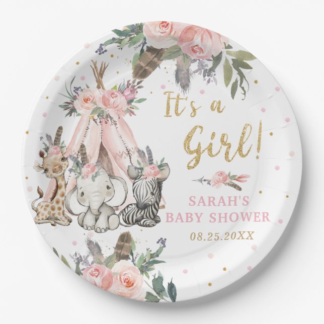 Jungle Animals Boho Tribal Girl Baby Shower Round Paper Plate (Front)