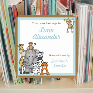 Jungle Animals Book Plates Blue Boy BOOKPLATE Square Sticker