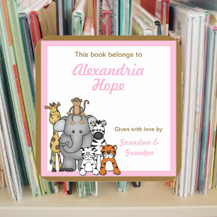 Jungle Animals Book Plates Pink Girl BOOKPLATE Square Sticker