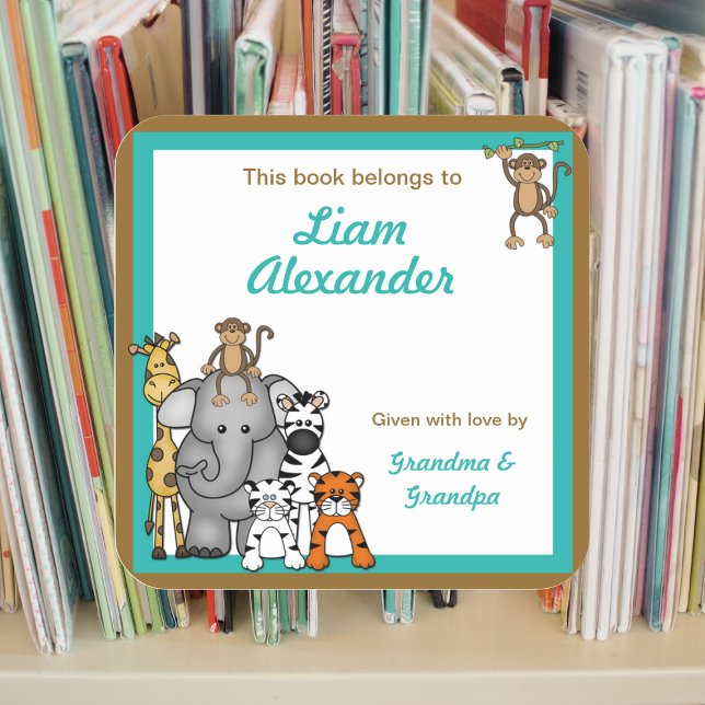 Jungle Animals Book Plates Teal Boy BOOKPLATE Square Sticker (Creator Uploaded)
