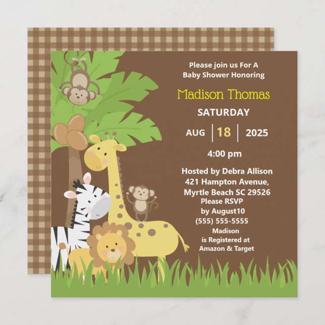   Jungle Animals Brown Safari  Boy Baby Shower   I Invitation (Front/Back)