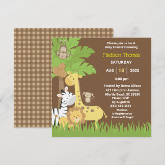 Jungle Animals Brown Safari Boy Baby Shower I Invitation
