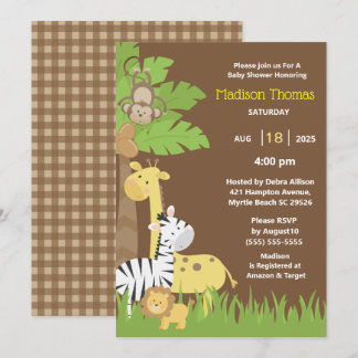 Jungle Animals Brown Safari Boy Baby Shower Invitation