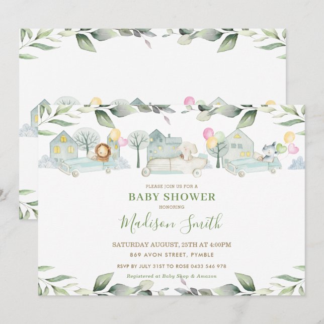 Jungle Animals Cars Greenery Baby Shower Girl Invitation (Front/Back)