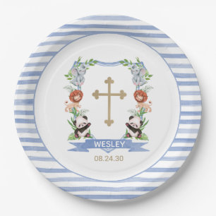 Jungle Animals Crest Boy Baptism Paper Plate