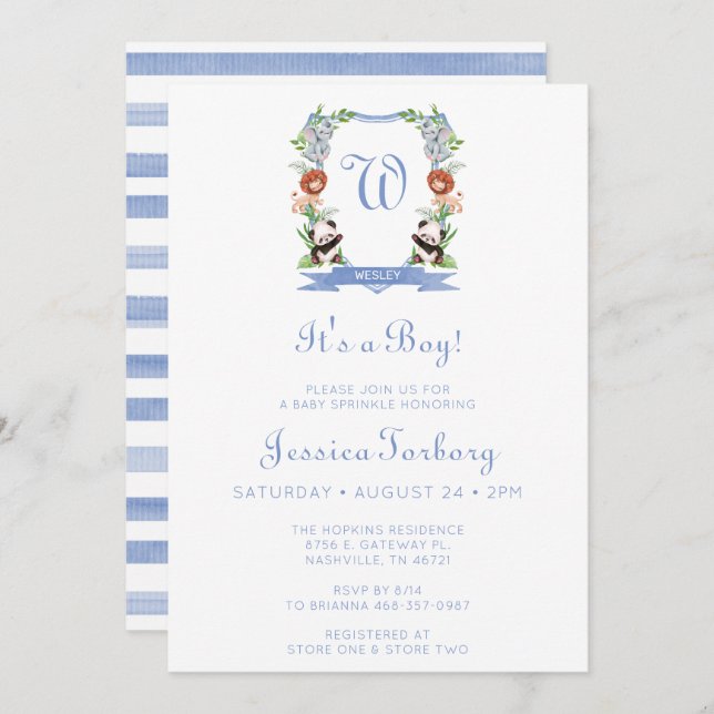 Jungle Animals Crest It's A Boy Baby Sprinkle Invitation (Front/Back)