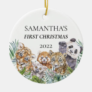 Jungle Animals Cute First Christmas Monogram  Ceramic Tree Decoration