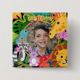 Jungle animals cute personalised kids photo  15 cm square badge