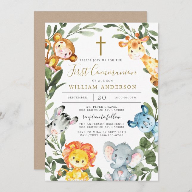 Jungle Animals First Communion Invitation (Front/Back)