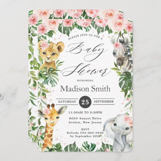 Jungle Animals Floral Greenery Safari Baby Shower  Invitation (Front/Back)