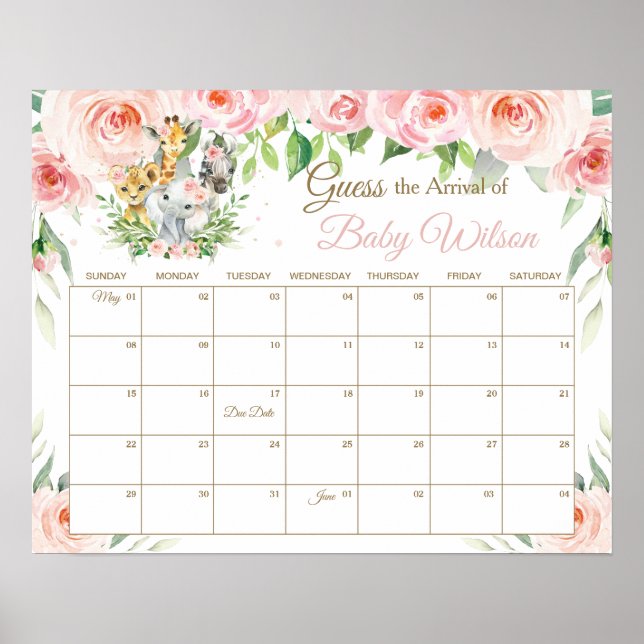 Jungle Animals Floral Guess Baby's Arrival Game Poster (Front)