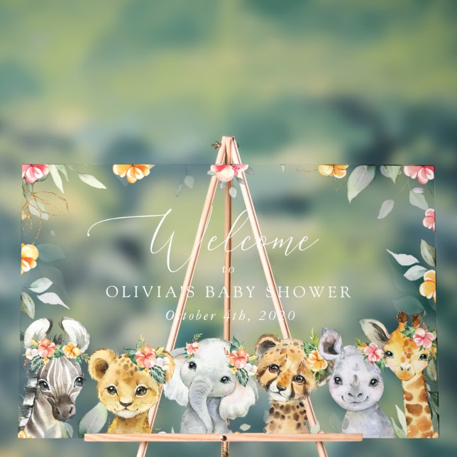 Jungle Animals, Flowers, Baby Shower Welcome Acrylic Sign (Neutral)