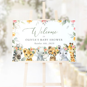 Jungle Animals, Flowers, Baby Shower Welcome Poster