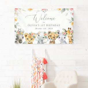 Jungle Animals, Flowers, First Birthday Welcome Banner