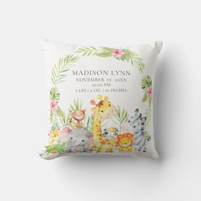 Jungle Animals Girls Baby Birth Stats Pillow (Front)