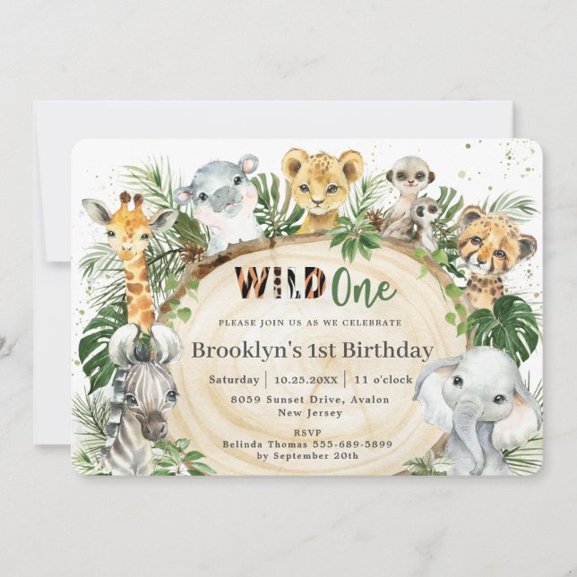 Jungle Animals Green Leaves Wild One 1st Birthday Invitation (Front)