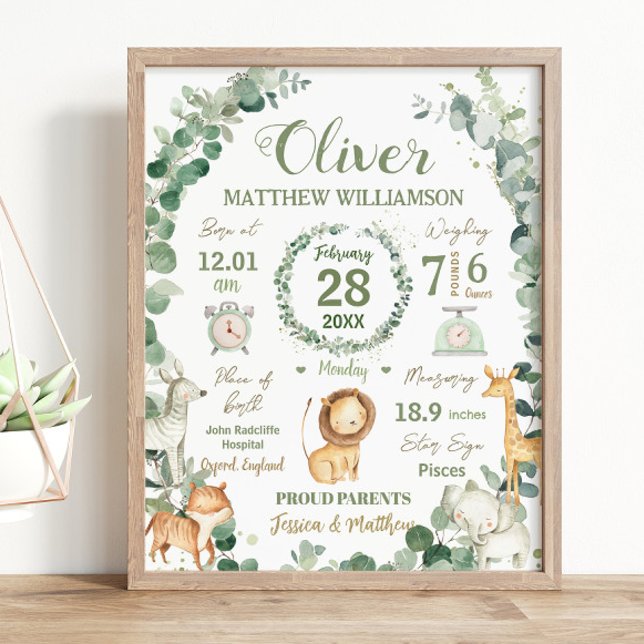 Jungle Animals Greenery Baby Birth Print Stats   (jungle-animals-soft-greenery-wreath-whimsical-gender-neutral-birth-stats-print-sign-nursery-wall-art)