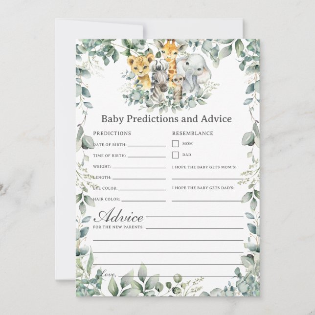 Jungle Animals Greenery Baby Predictions Game Card (Front)