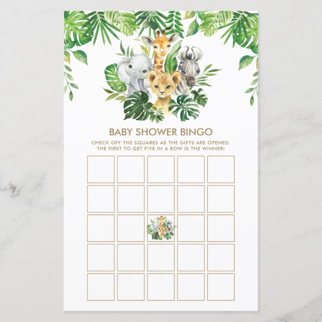 Jungle Animals Greenery Baby Shower Bingo Game  (Front)