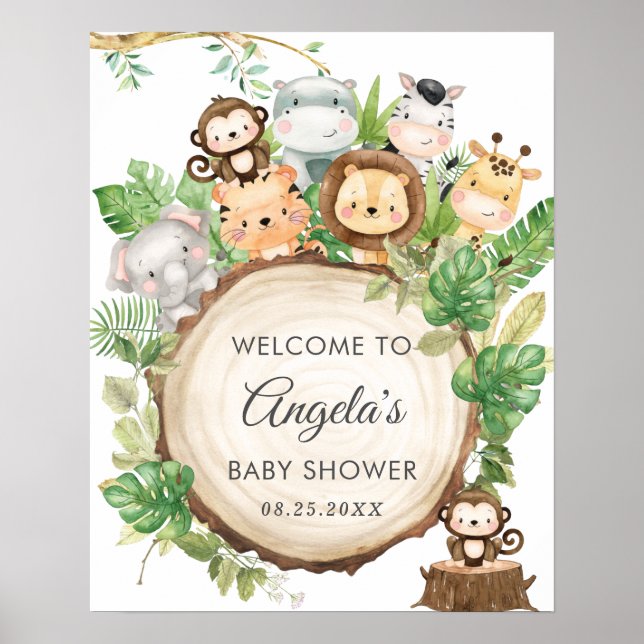 Jungle Animals Greenery Baby Shower Welcome Sign (Front)