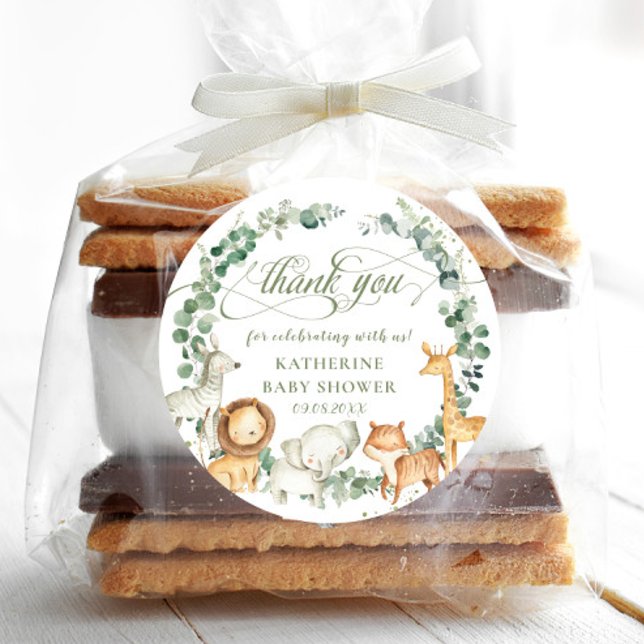 Jungle Animals Greenery Neutral Baby Shower Favour Classic Round Sticker (cute jungle animals greenery gender neutral baby shower birthday baptism circle round sticker labels)