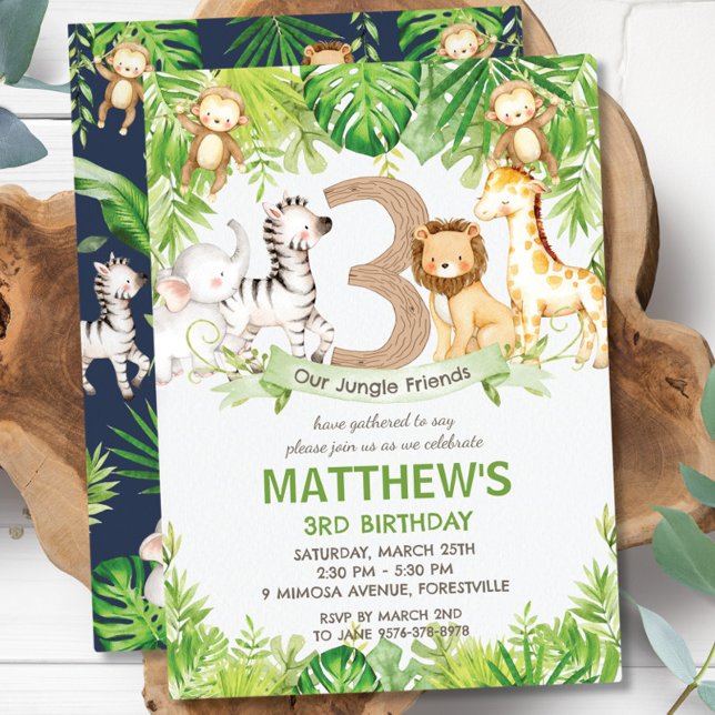 Jungle Animals Greenery Safari 3rd Birthday Party Invitation (Creator Uploaded)