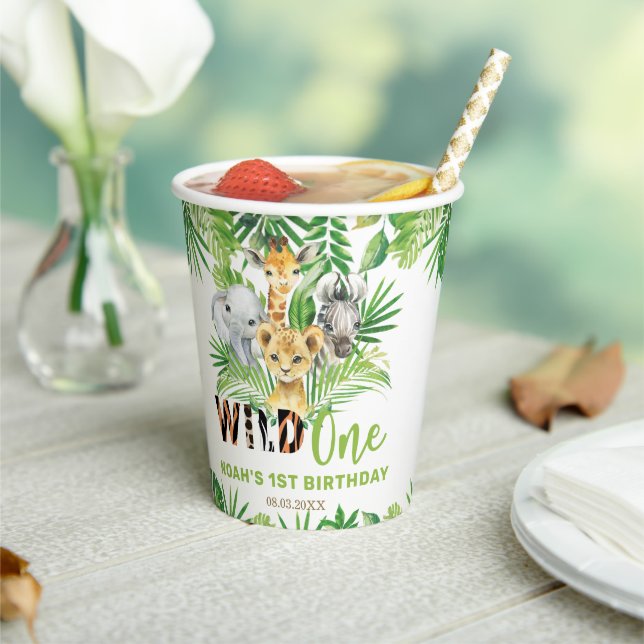 Jungle Animals Greenery Wild ONE 1st Birthday Paper Cups (Insitu)