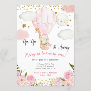 Jungle animals hot Air Balloon Girl Birthday Invitation