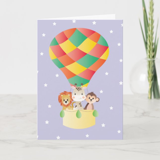 Jungle Animals Hot Air Balloon Night Sky Stars Card (Front)