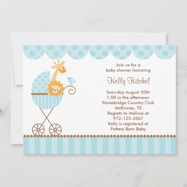 Jungle Animals in Blue Stroller Invitations (Front)