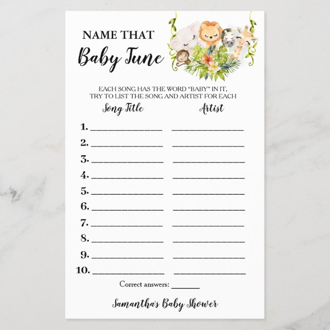 Jungle Animals Name Baby Tune Shower Game card (Front)