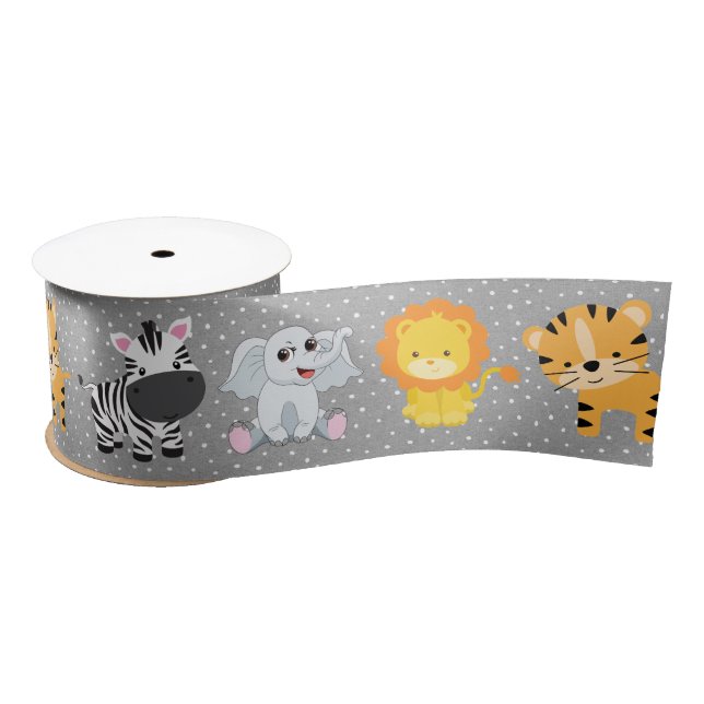 Jungle Animals On Polka Dots Satin Ribbon (Spool)