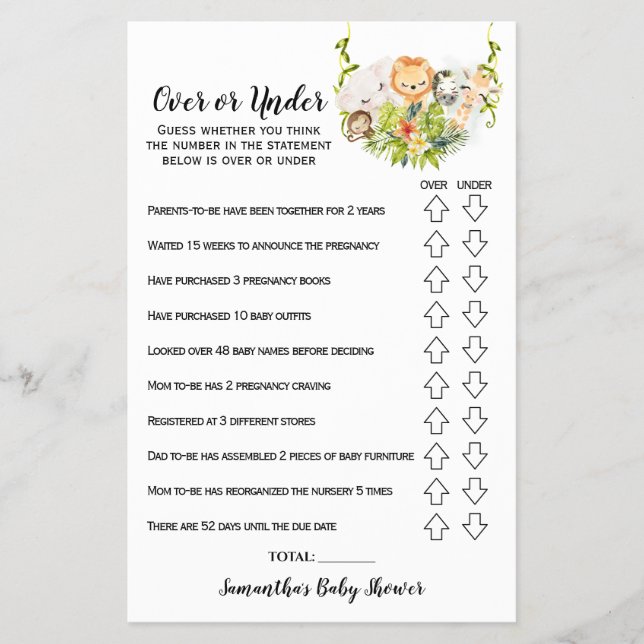 Jungle Animals Over or Under Baby Shower Game card (Front)