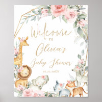 Jungle Animals Pink Floral Baby Shower Welcome