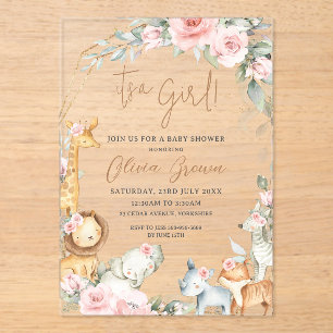 Jungle Animals Pink Floral Girl Baby Shower  Acrylic Invitations