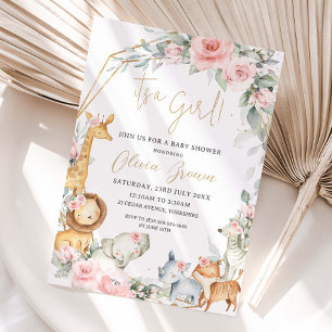 Jungle Animals Pink Floral Girl Baby Shower  Invitation
