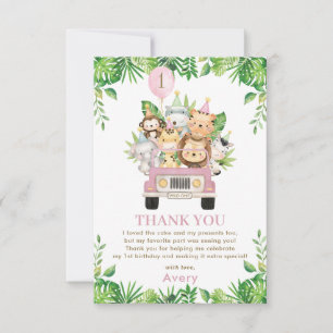 Jungle Animals Pink Safari Car 1st Birthday Thank You Card