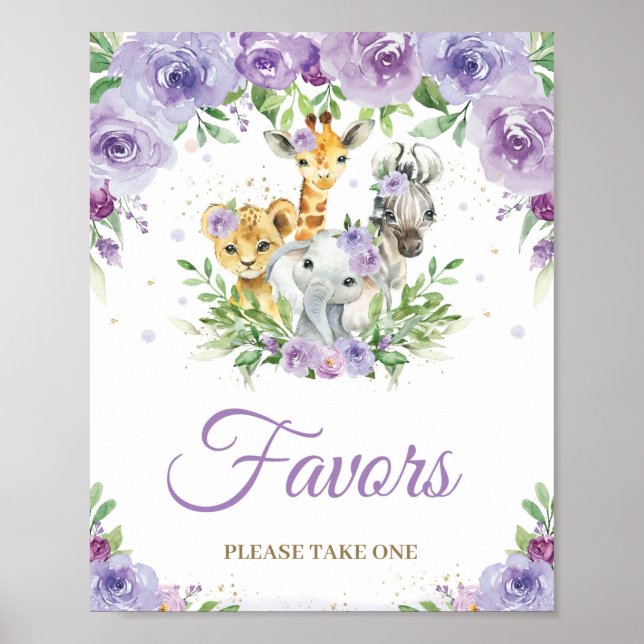 Jungle Animals Purple Floral Baby Shower Favour Poster (Front)