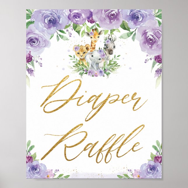 Jungle Animals Purple Floral Diaper Raffle Sign (Front)