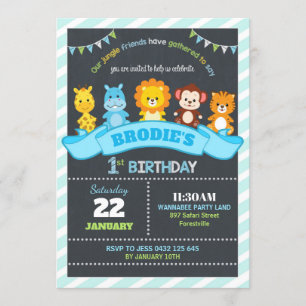Jungle Animals Safari 1st Birthday Invitations Boy