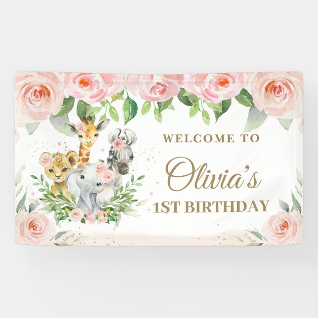 Jungle Animals Safari Blush Pink Floral Backdrop Banner (Horizontal)
