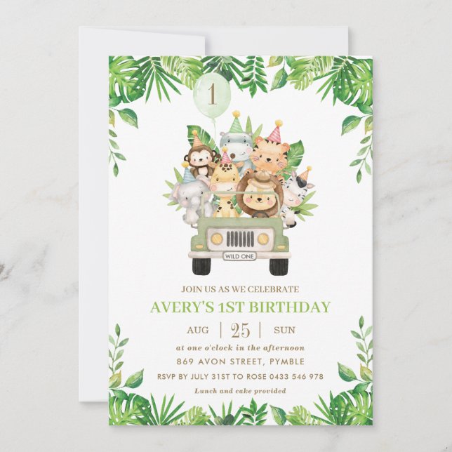 Jungle Animals Safari Car Greenery 1st Birthday Invitation (Front)
